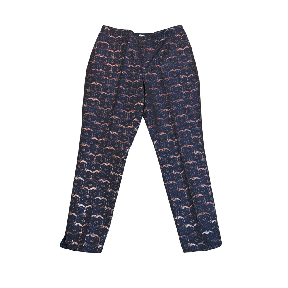 Boden Metallic Jacquard‎ Trousers Navy Copper Damask Side Zip Pants US 8R